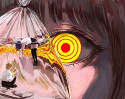  1boy 2girls bag black_skirt black_thighhighs blonde_hair chainsaw_man collared_shirt denji_(chainsaw_man) doeun_o_o highres in_bag in_container looking_at_viewer makima_(chainsaw_man) mini_person multiple_girls partially_submerged red_hair reze_(chainsaw_man) ringed_eyes shirt short_hair skirt sleeveless submerged thigh-highs underwater water white_shirt yellow_eyes 