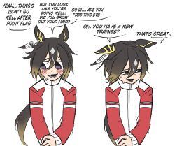  1girl absurdres animal_ears black_hair blush brown_hair ear_covers english_text hair_between_eyes highres horse_ears horse_girl jacket long_hair long_sleeves multicolored_hair open_mouth ponytail red_jacket red_track_suit simple_background speech_bubble starlinkman stay_gold_(umamusume) streaked_hair sweat teeth tracen_training_uniform track_jacket track_suit umamusume upper_body violet_eyes white_background white_hair 