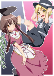  1boy 1girl apron arm_up ascot black_hat black_shoes black_shorts black_socks black_vest blonde_hair border bow breasts brown_eyes brown_hair chest_bow closed_mouth collared_vest commission dress genderswap genderswap_(ftm) grey_background hair_between_eyes hands_on_headwear hands_up hat highres holding jeno looking_at_another looking_at_viewer myouga_(plant) nishida_satono open_mouth outside_border pink_background pink_bow pink_dress pink_ribbon puffy_short_sleeves puffy_sleeves ribbon shirt shoes short_hair short_hair_with_long_locks short_sleeves shorts sidelocks simple_background skeb_commission small_breasts smile socks tassel touhou touhou_(pc-98) vest white_apron white_ascot white_border white_shirt white_socks yellow_eyes yuki_(touhou) 