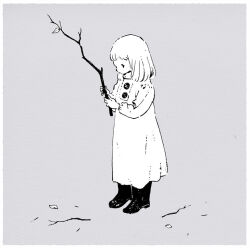  1girl boots child dress grey_background greyscale holding holding_stick monochrome nagabe shiva_(totsukuni_no_shoujo) short_hair simple_background solo standing stick totsukuni_no_shoujo 