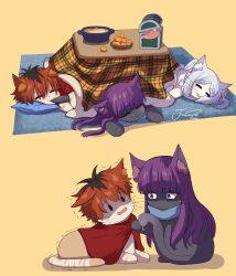  absurdres animal animalization artist_name biting_another&#039;s_tail black_hair cat clothed_animal commentary_request fern_(sousou_no_frieren) food frieren fruit highres j_humbo kotatsu long_hair mimic mimic_chest orange_(fruit) signature sousou_no_frieren stark_(sousou_no_frieren) table tail under_kotatsu under_table 