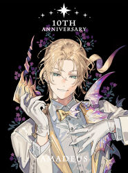  1boy anniversary black_background blonde_hair bow bowtie character_name chinese_commentary coat collared_shirt colored_lapels commentary_request english_text fate/grand_order fate_(series) flower gloves green_eyes hand_on_own_chest hands_up holding holding_mask lapels looking_at_viewer male_focus mask parted_bangs parted_lips purple_flower scales shirt short_hair simple_background smile solo star_(symbol) starshadowmagician unworn_mask upper_body white_coat white_gloves white_scales white_shirt wolfgang_amadeus_mozart_(celebratory_attire)_(fate) wolfgang_amadeus_mozart_(fate) yellow_bow yellow_bowtie yellow_mask 