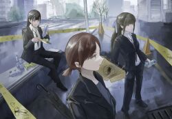  3girls bin_jiang black_hair bottle brown_hair commentary highres holding holding_umbrella holding_water_gun long_hair multiple_girls necktie original ponytail traffic_cone tree umbrella water_bottle water_gun 