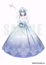  1girl aqua_eyes arm_up baby&#039;s-breath bare_shoulders black_nails bouquet bridal_veil bride butterfly_hair_ornament closed_mouth collarbone copyright_notice dress dress_flower flower flower_trim full_body gown gradient_clothes gradient_dress grey_dress grey_flower grey_hair grey_rose hair_between_eyes hair_flower hair_intakes hair_ornament holding holding_bouquet kinokohime lace lace-trimmed_dress lace-trimmed_veil lace_trim long_dress long_hair_between_eyes long_sleeves looking_at_viewer mole mole_under_eye mole_under_mouth nail_polish nijisanji off-shoulder_dress off_shoulder official_art purple_flower rose sample_watermark simple_background smile solo sophia_valentine standing straight-on veil virtual_youtuber watermark waving wedding_dress white_background white_dress white_flower white_rose white_veil 