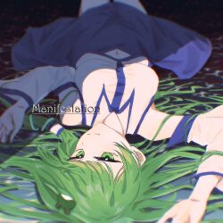  1girl absurdres arm_up blue_skirt breasts collared_shirt detached_sleeves frog_hair_ornament green_eyes green_hair hair_ornament hair_spread_out hair_tubes hand_up highres kochiya_sanae lying medium_breasts navel omegayukichi on_back on_ground shirt skirt snake_hair_ornament solo touhou white_shirt 