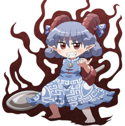 1girl bare_shoulders barefoot blue_dress blue_hair blue_ribbon blush commentary_request detached_sleeves dress earrings full_body grin hand_up horizontal_pupils horn_ornament horn_ribbon horns jewelry looking_at_viewer open_mouth oversized_object pointy_ears red_eyes red_horns red_sleeves ribbon rokugou_daisuke sharp_teeth sheep_horns short_hair simple_background sleeveless sleeveless_dress smile solo spoon standing teeth touhou toutetsu_yuuma v-shaped_eyebrows white_background 