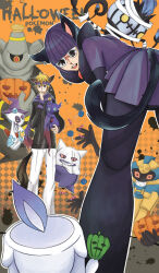  1boy 1girl animal_ears bent_over black_sweater blonde_hair blunt_bangs bob_cut bow candle cat_ears cat_tail chandelier chandelure chen_(1717) closed_mouth cofagrigus colored_sclera colored_skin dot_pupils dusknoir elbow_gloves fake_animal_ears fake_tail froslass gengar ghost glasses gloves grey_skin halloween halloween_costume hands_on_own_knees headband large_bow litwick long_sleeves morty_(pokemon) mummy neck_pillow open_mouth orange_sash pants pantyhose pokemon pokemon_(creature) pokemon_bw pokemon_hgss purple_hair purple_headband purple_scarf purple_skin purple_skirt red_eyes red_sclera rimless_eyewear round_eyewear scarf shauntal_(pokemon) short_hair skirt smile sweater tail violet_eyes wavy_mouth white_pants white_skin wolf_ears wolf_tail yellow_eyes yellow_sclera 