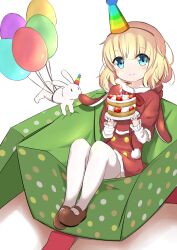  absurdres balloon blonde_hair blue_eyes blush bow box cake christmas christmas_ornaments christmas_tree closed_mouth couch crown cushion dress food fruit gift gift_box gochuumon_wa_usagi_desu_ka? hairband hat highres kirima_syaro leggings mini_crown party_hat polka_dot red_dress sack shoes short_hair sitting smile solo strawberry stuffed_animal stuffed_rabbit stuffed_toy thigh-highs tilted_headwear ttmos 