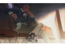  1boy belt black_hair black_shoes black_socks brown_eyes character_request cigarette collared_shirt copyright_request crossed_legs gloves grey_belt grey_pants grey_suit hand_on_own_face holding holding_cigarette indoors insignia light_smile male_focus mature_male military_uniform movie_theater old old_man pants patch redsakaone shirt shoes sidelighting sitting smile socks solo suit theater_seating white_gloves white_shirt 