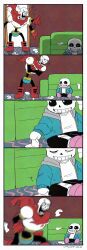  2025 2boys 2d 5koma anger_veins armor artist_name black_shorts blue_jacket blue_shorts boots border brothers cape closed_eyes comic couch crossed_arms digital_media duo floor full_body gloves grey_hood height_difference holding holding_sock hollow_eyes hood hood_down hooded_jacket humanoid indoors jacket living_room male male_focus male_only mittens monster monster_boy motion_blur motion_lines multiple_boys on_floor open_clothes open_jacket papyrus_(undertale) pink_slippers pointing red_boots red_cape red_gloves sans_(undertale) sequential shirt shorts siblings simple_background single_vertical_stripe sitting skeleton slippers socks standing striped_shorts teeth text undead undertale unworn_socks unyomoke utdr_(toby_fox) vertical-striped_clothes vertical-striped_shorts white_armor white_border white_mittens white_shirt white_socks white_stripes 