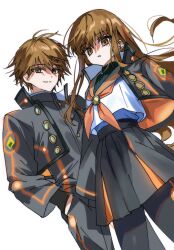  1boy 1girl black_jacket black_pants black_pantyhose black_shirt black_skirt black_sweater brown_eyes brown_hair buttons closed_mouth commentary_request cowboy_shot dual_persona empty_eyes fate/grand_order fate_(series) hair_between_eyes hands_in_pockets highres jacket kishinami_hakuno_(female) kishinami_hakuno_(female)_(mooncancer) kishinami_hakuno_(male) kishinami_hakuno_(male)_(mooncancer) long_hair long_sleeves looking_at_viewer neckerchief official_alternate_costume open_clothes open_jacket orange_jacket orange_neckerchief pants pantyhose pleated_skirt sailor_collar shirt short_hair sidelocks skirt standing sweater syst098 teeth turtleneck turtleneck_sweater two-sided_fabric two-sided_jacket vest white_vest wide_sleeves 