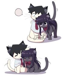  1boy 1girl absurdres animal animal_ear_fluff animalization artist_name black_eyes black_hair blush bow bowtie cat closed_eyes closed_mouth clothed_animal commentary diagonal-striped_bow diagonal-striped_bowtie diagonal-striped_clothes hair_between_eyes headpat highres j_humbo komi-san_wa_komyushou_desu komi_shouko long_hair no_mouth signature simple_background smile striped_bow striped_bowtie striped_clothes symbol-only_commentary tadano_hitohito tail tail_wagging whiskers white_background 