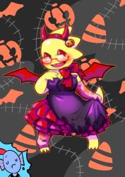  2017 2d 2girls alphys alternate_costume anthro black_background black_eyepatch blue_skin bow buck_teeth demon_horns demon_wings digital_media dress dress_lift duo ear_fins elbow_gloves eyepatch fake_wings female female_only fins fish fish_girl frilled_dress frills full_body grey_background hairband halloween halloween_costume head_fins high_ponytail horn_hairband horns legs_apart lifted_by_self lizard lizard_girl long_hair monster monster_girl multiple_girls nnbadbear pink_gloves ponytail purple_dress red_bow red_dress red_eyes red_hair red_hairband red_horns red_wings reptile reptile_girl scalie sharp_teeth simple_background single_glove solo_focus standing star_print teeth two-tone_dress undertale undyne utdr_(toby_fox) uwu wings yellow_skin yellow_teeth 