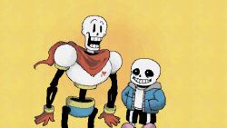  2025 2boys 2d armor artist_name black_shorts blue_jacket blue_shorts brothers cape cowboy_shot digital_media duo full_body gloves gradient_background grey_hood hands_in_pockets height_difference hollow_eyes hood hood_down hooded_jacket humanoid jacket male male_focus male_only monster monster_boy multiple_boys oekaki open_clothes open_jacket orange_background papyrus_(undertale) pink_slippers red_cape red_gloves sans_(undertale) shirt shorts siblings simple_background single_vertical_stripe size_difference skeleton slippers socks standing striped_shorts teeth undead undertale unyomoke utdr_(toby_fox) vertical-striped_clothes vertical-striped_shorts white_armor white_shirt white_socks white_stripes 