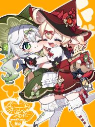  2girls ;t absurdres ahoge black_gloves blonde_hair blush bow closed_eyes closed_mouth commentary_request cosplay cross-shaped_pupils genshin_impact gloves gradient_hair green_bow green_eyes green_hair green_ribbon green_skirt hair_between_eyes hair_ornament hat hat_bow highres hug klee_(blossoming_starlight)_(genshin_impact) klee_(genshin_impact) klee_(genshin_impact)_(cosplay) leaf_hair_ornament multicolored_hair multiple_girls nahida_(genshin_impact) official_alternate_costume oishii_sasa one_eye_closed open_mouth orange_background pointy_ears pyro_symbol_(genshin_impact) red_bow red_hat red_skirt ribbon shirt skirt symbol-shaped_pupils thigh-highs vision_(genshin_impact) watermark white_hair white_shirt white_thighhighs witch_hat 
