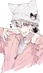  1boy animal_ear_headwear beanie cropped_torso ear_piercing eunho_(plave) grey_hair hair_between_eyes hands_up hat heart highres index_fingers_raised jacket kuromi long_sleeves male_focus one_eye_closed onegai_my_melody p_o_p_dorodoro parted_lips piercing pink_jacket plave pointing pointing_at_self red_eyes sanrio short_hair simple_background smile solo white_background white_hat 