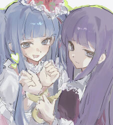  2girls absurdres blue_eyes blue_hair blunt_bangs bound bound_wrists drooling drowningt49 frederica_bernkastel furudo_erika headshot heart highres long_sidelocks looking_at_viewer looking_back mouth_drool multiple_girls parted_lips purple_hair sidelocks smile striped_blush sweat twintails umineko_no_naku_koro_ni violet_eyes yuri 