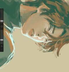  1boy 9158mimo art_program_in_frame backlighting black_eyes black_hair black_shirt crew_neck curtained_hair hair_between_eyes highres male_focus muted_color omniscient_reader's_viewpoint parted_lips portrait screenshot serious shirt short_hair sideways solo yoo_joonghyuk 