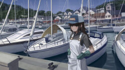  1girl absurdres an_yb architecture baseball_cap black_hair blue_sky blunt_bangs boat closed_mouth commentary east_asian_architecture fang fang_out forest gloves green_gloves grey_eyes grey_shirt hands_on_own_hips hat highres house long_hair looking_at_viewer nature original outdoors overalls pier rubber_gloves scenery shirt short_sleeves sky solo standing town water watercraft white_overalls wide_shot 