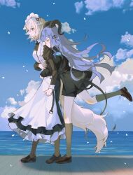  2girls absurdres ampheta animal_ears apron arknights bang_dream! bang_dream!_it&#039;s_mygo!!!!! black_jacket black_ribbon black_shoes black_shorts black_socks blonde_hair blue_hair brown_shoes chinese_commentary closed_eyes closed_mouth clouds commentary_request dog_ears dog_girl dog_tail falling_petals full_body hair_ribbon highres horns hug hug_from_behind jacket kneehighs long_hair maid maid_headdress medium_hair misumi_uika misumi_uika_(caged_singer) multiple_girls ocean outdoors petals ribbon shoes shorts socks tail togawa_sakiko togawa_sakiko_(master_of_melodia) violet_eyes white_apron yuri 