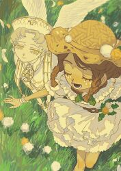  2girls angel_wings belt bow braid brooch brown_hair closed_eyes closed_mouth collared_dress colored_eyelashes commentary dandelion day dress emily_dyer emily_dyer_(holy_angel) emma_woods emma_woods_(as_the_wind_blows) eyelashes feathered_wings feathers feet_out_of_frame fishnet_gloves fishnets flower flower_brooch frilled_dress frilled_sleeves frills from_above gloves grass green_bow grey_hair half-closed_eyes hat hat_flower highres hnnstkn001 identity_v jewelry low_twin_braids lower_teeth_only mark_under_both_eyes multiple_girls open_mouth outdoors parted_bangs protected_link puffy_short_sleeves puffy_sleeves short_hair short_sleeves smile tears teeth too_many too_many_frills twin_braids white_dress white_flower white_gloves white_hair white_wings wings yellow_eyes yellow_flower 
