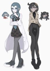  2girls black_bodysuit black_dress black_shoes blue_eyes blue_hair blue_necktie bodysuit brown_coat brown_hair chibi chibi_inset coat dress emma_(pokemon) hair_ornament hair_rings hand_on_own_hip head-mounted_display highres lab_coat long_hair mable_(pokemon) multiple_girls necktie pantyhose pokemon pokemon_legends:_z-a pokemon_xy red_coat safety_glasses shoes short_hair violet_eyes white_background yon_(motomu22) 