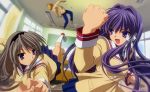  blue_eyes blue_hair fujibayashi_kyou grey_hair highres kick kicking long_hair punch punching sakagami_tomoyo school_uniform seifuku sunohara_youhei uwabaki violet_eyes wallpaper 