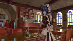  1girl absurdres an_yb apron back_bow black_dress blue_eyes blue_hair bow cafe cake chair chandelier closed_mouth counter cup dress drinking_glass drinking_straw food frilled_apron frills from_behind highres holding indoors juliet_sleeves lamp long_dress long_sleeves looking_at_viewer looking_back maid maid_apron maid_headdress original picture_frame ponytail puffy_sleeves short_hair short_ponytail solo table white_apron white_bow white_headdress window 