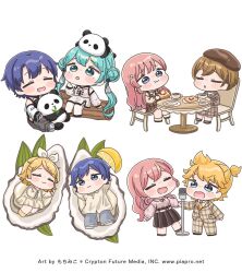  2boys 4girls :d :o :t animal animal_on_head arms_behind_head arms_up beret black_skirt blonde_hair blue_eyes blue_hair blush_stickers bread bread_slice brown_dress brown_hair brown_hat brown_jacket brown_necktie brown_pants chair chibi closed_eyes closed_mouth collared_shirt commentary_request cup double_bun dress eating food green_eyes green_hair grey_pants hair_bun hair_ornament hairclip hat hatsune_miku highres holding holding_cup holding_food jacket kagamine_len kagamine_rin kaito_(vocaloid) log long_hair long_sleeves megurine_luka meiko_(vocaloid) microphone_stand mochimiko multiple_boys multiple_girls necktie official_art on_chair on_head panda pants pink_hair pink_shirt plaid_clothes plaid_jacket plaid_pants plate pleated_skirt puffy_long_sleeves puffy_sleeves shirt simple_background sitting skirt sleeves_past_wrists smile table toast twintails very_long_hair violet_eyes vocaloid wavy_mouth web_address white_background white_shirt 
