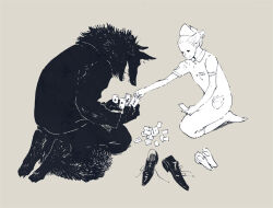  1boy 1girl body_fur card card_game claws commentary_request dress full_body furry furry_male grey_background greyscale hair_bun hat holding holding_card monochrome nagabe nurse nurse_cap original playing_card seiza shoes short_dress short_hair simple_background sitting tail unworn_shoes wolf_boy 