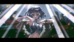  1girl :o absurdres arm_tattoo backlighting bare_arms bare_shoulders blue_eyes blurry blurry_background bracelet chilizi chromatic_aberration confetti feather_boa gold_choker grey_hair grey_tank_top hair_ornament hands_up highres jewelry letterboxed looking_at_viewer mercuria_(reverse:1999) midriff navel people reverse:1999 short_hair solo spotlight star_(symbol) star_hair_ornament tank_top tattoo upper_body 