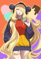  1girl blonde_hair breasts character_hood character_print commentary cynthia_(pokemon) english_commentary food garchomp grey_eyes hair_ornament hair_over_one_eye highres holding holding_food holding_ice_cream hood hood_up hooded_sweater hoodie ice_cream long_hair long_sleeves looking_at_viewer mijukuma pokemon pokemon_dppt smile solo spiritomb spoon sweater very_long_hair 
