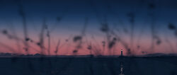  absurdres blue_sky blurry blurry_foreground branch bush depth_of_field dusk evening gracile gradient_sky highres horizon landscape lighthouse mountainous_horizon no_humans ocean original red_sky reflection reflective_water scenery sky water 