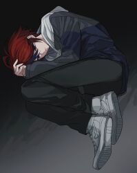  1boy ahoge black_background black_pants black_streaks blue_eyes blue_jacket curled_up grey_background grey_jacket highres hood hoodie invisible_floor jacket jacket_over_hoodie lying male_focus multicolored_hair multicolored_jacket on_side pants parted_lips red_hair shoes short_hair streaked_hair suishui33 sumino_takumi the_hundred_line_-last_defense_academy- two-tone_background two-tone_jacket white_hoodie white_shoes 