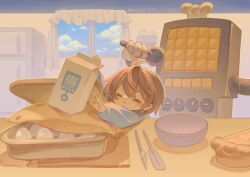  1other :< =_= absurdres ahoge arm_up blue_shirt blue_sky bowl brown_hair chef_hat child clouds commentary cutting_board day double-parted_bangs egg_(food) english_commentary fewer_digits food frisk_(undertale) gloves hair_between_eyes hand_up hat highres holding holding_microphone in-universe_location indoors kiriyume knife long_sleeves mechanical_arms mettaton mettaton_(box) microphone milk_carton non-humanoid_robot puffy_long_sleeves puffy_sleeves refrigerator robot shirt short_hair simple_background sky table twitter_username undertale upper_body utdr_(toby_fox) v-shaped_eyebrows white_gloves white_hat window 