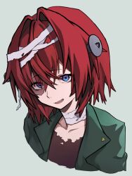  1girl absurdres akechi_(akechi_5416) alternate_costume ange_katrina bandaged_head bandaged_neck bandages blue_eyes brown_shirt chapped_lips collarbone commentary_request cosplay cropped_shoulders crossed_bangs frankenstein's_monster frankenstein's_monster_(cosplay) green_jacket grey_background hair_between_eyes hair_intakes halloween_costume highres jacket lapels long_bangs looking_at_viewer medium_hair nijisanji object_through_head open_mouth red_hair screw_in_head shirt simple_background solo stitched_face stitches teeth torn_clothes torn_shirt upper_teeth_only virtual_youtuber 