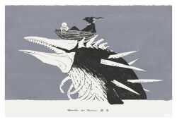  1boy 1girl boat body_fur child furry furry_male grey_background greyscale horns monochrome monster nagabe sensei_(totsukuni_no_shoujo) shiva_(totsukuni_no_shoujo) simple_background totsukuni_no_shoujo watercraft whale 