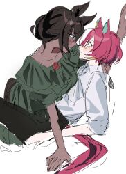  2girls animal_ears astronghouse black_hair black_pants blue_eyes collared_shirt commentary_request dark-skinned_female dark_skin dress face-to-face flustered green_dress highres horse_ears horse_girl horse_tail imminent_kiss kabedon korean_commentary multiple_girls pants reclining red_hair red_tail shirt short_hair simple_background surprised symboli_kris_s_(umamusume) tail tanino_gimlet_(umamusume) umamusume white_background white_hair white_shirt yellow_eyes yuri 