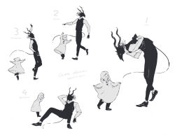 1boy 1girl bow child curtsey dancing dress furry furry_male greyscale horns monochrome multiple_views nagabe sensei_(totsukuni_no_shoujo) shiva_(totsukuni_no_shoujo) short_hair simple_background skirt_hold tail totsukuni_no_shoujo vest white_background 