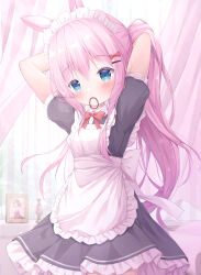  1girl absurdres animal_ears apron arms_behind_head arms_up black_dress blue_eyes blush bow curtains dress frilled_apron frilled_dress frills hair_bow hair_ornament hair_tie_in_mouth hairclip highres indoors light_hair long_hair maid maid_apron maid_headdress mouth_hold original picture_frame pink_hair ponytail puffy_short_sleeves puffy_sleeves rabbit_ears red_bow short_sleeves solo tying_hair very_long_hair white_apron window yuduki_pdx 