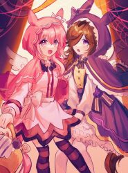  2girls absurdres alternate_costume angel_wings animal_ears basket blush bow brown_hair camellia_(camel_mal) cape demon_wings dress ear_bow ear_covers flipped_hair flower-shaped_pupils flower_in_eye hair_over_one_eye halloween halloween_costume haru_urara_(umamusume) highres holding holding_basket hood hood_up horse_ears horse_girl horse_tail long_hair long_sleeves looking_at_viewer multiple_girls open_mouth pink_cape pink_dress pink_eyes pink_hair pink_hood purple_cape purple_dress purple_hood rice_shower_(umamusume) silk smile spider_web striped_clothes striped_thighhighs symbol-shaped_pupils symbol_in_eye tail thigh-highs umamusume violet_eyes white_thighhighs wings 