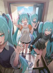  4girls absurdres aqua_eyes aqua_hair aqua_nails black_sleeves blush casual clone closed_eyes door doorway good_end hallway hatsune_miku highres indoors long_hair looking_at_viewer miyabino_(miyabi1616) multiple_girls multiple_persona one_eye_closed open_door open_mouth pov pov_doorway removing_shoes shoes skirt smile twintails very_long_hair vocaloid walk-in 