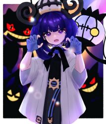  1girl banette black_dress black_hair blue_gloves blunt_bangs bob_cut chandelure coat colored_sclera dress fire gengar gloves gradient_hair grin gwynn_(pokemon) halloween hat long_sleeves looking_at_viewer mega_stone miigon99999 multicolored_hair open_clothes open_coat open_mouth partially_fingerless_gloves pokemon pokemon_(creature) pokemon_legends:_z-a purple_fire purple_hair red_eyes short_hair smile teeth violet_eyes white_coat yellow_eyes zipper 
