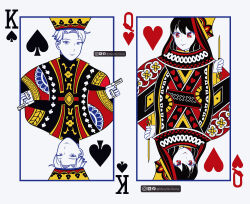  black_hair card card_(medium) commentary facebook_username gun heart_card highres holding holding_gun holding_weapon instagram_username king_(playing_card) king_of_spades marywutoons playing_card queen_(playing_card) queen_of_hearts_(playing_card) red_eyes short_hair smile spade_(shape) spy_x_family twitter_username weapon yor_briar 