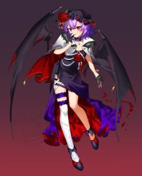  1girl absurdres alternate_costume alternate_headwear_color bandaged_leg bandages black_cape black_dress black_gloves black_hat blood cape commentary_request cup dress english_commentary flower frilled_thigh_strap full_body gloves gradient_background gradient_cape gradient_clothes gradient_dress half_gloves halloween halloween_costume hat hat_flower high-low_dress highres holding holding_cup kodouirasto looking_at_viewer mixed-language_commentary purple_dress purple_shoes red_cape red_flower red_rose remilia_scarlet rose shoes smile solo tassel thigh_strap touhou two-sided_cape two-sided_fabric watermark white_cape 