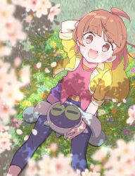  1girl 1other absurdres ahoge animal_ears atari_(puyopuyo) belt belt_buckle blurry blurry_foreground blush brown_eyes brown_hair buckle coat flower hand_on_own_head highres jazz_grace looking_at_viewer looking_up loose_hair_strand non-humanoid_robot on_grass open_mouth pink_shirt purple_shorts puubot_(puyopuyo) puyopuyo puyopuyo_quest rabbit_ears robot shirt short_hair shorts sitting very_long_ears wind wind_lift yellow_coat 