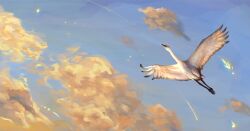  1other 9158mimo animal_focus animalization bird clouds cloudy_sky commentary crane_(animal) day english_commentary from_below full_body highres lee_hakhyun lens_flare omniscient_reader's_viewpoint outdoors sky sky_focus solo 