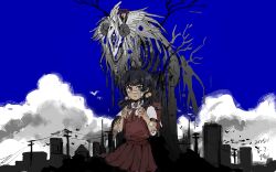  1girl animal_skull antlers backpack bag bandaid bandaid_on_face bandaid_on_nose black_eyes black_hair blue_sky branch bruise clouds curled_horns day dress feet_out_of_frame floating_hair gauze gauze_on_cheek gauze_on_elbow hair_bobbles hair_ornament highres horns injury kaai_yuki looking_at_viewer low_twintails medium_hair monster neckerchief outdoors pinafore_dress power_lines randoseru red_dress red_neckerchief shinto shirt short_dress short_sleeves short_twintails simple_bird single_tear sky skyline sleeveless sleeveless_dress solo standing torii twintails vocaloid white_shirt yuu_(tangzeyuu) 