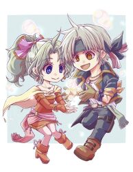  1boy 1girl arm_up ayana_(iqaw5cfohvdtver) black_headband black_jacket black_pants blue_eyes boots border bracelet breasts bridal_gauntlets brown_boots brown_eyes cape chibi chibi_only closed_mouth dress earrings elbow_gloves final_fantasy final_fantasy_vi gloves green_hair grey_background grey_hair hair_ribbon headband jacket jewelry locke_cole long_hair medium_breasts necklace open_mouth pants parted_bangs pink_ribbon ponytail red_dress red_sleeves ribbon sash shirt short_hair smile terra_branford waist_sash white_border white_shirt yellow_cape 
