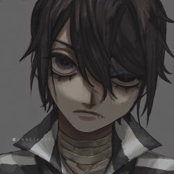  1boy bandaged_neck bandages black_eyes brown_hair bruise bruised_eye closed_mouth collar fang grey_background hair_between_eyes half-closed_eye high_collar highres hnnstkn001 identity_v injury looking_at_viewer luca_balsa male_focus portrait protected_link shirt short_hair simple_background solo striped_clothes striped_shirt twitter_username 